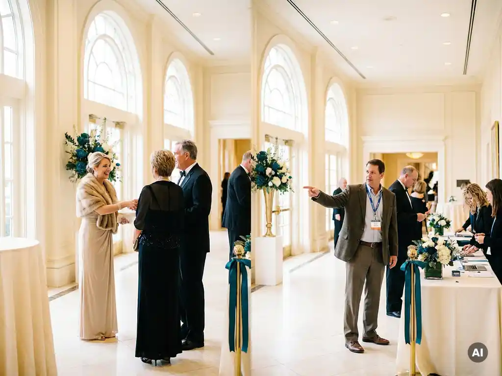 Gastgeberin in eleganter Kleidung begrüßt Gäste bei einem Jubiläumsgala im hellen Hotellobbey mit Konferenzteilnehmern im Hintergrund.
