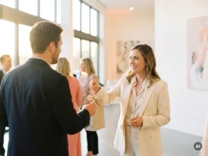Gastgeberin in eleganter Kleidung überreicht Gast ein gebrandetes Abschiedsgeschenk in hellem Veranstaltungsfoyer mit warmem Nachmittagslicht.