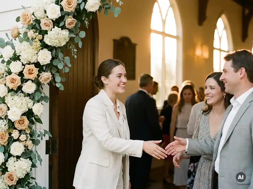 Junge Eventmitarbeiterin in hellem Uniform begrüßt Gäste an elegantem Eingang mit Blumenarrangements und warmem Licht.