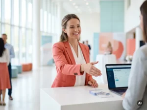 Freundliche Hostess in professioneller Kleidung begrüßt Gäste an einem modernen Registrierungstresen mit geöffnetem Laptop.