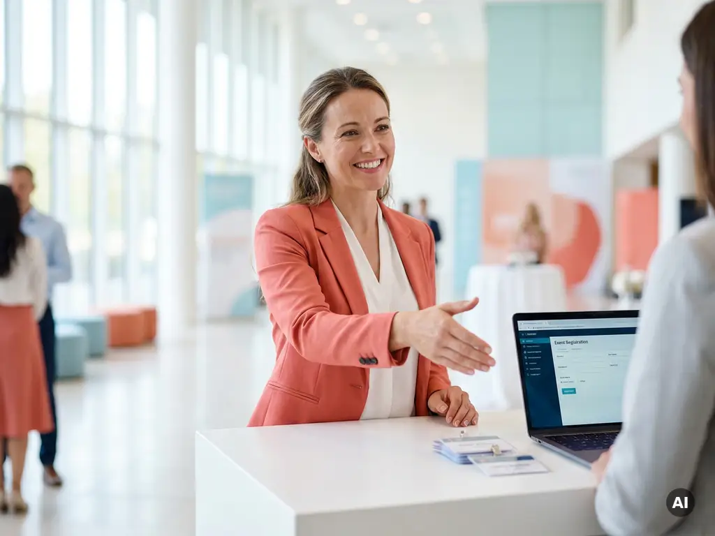 Freundliche Hostess in professioneller Kleidung begrüßt Gäste an einem modernen Registrierungstresen mit geöffnetem Laptop.