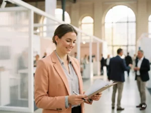 Junge Messehostess im Blazer prüft Klemmbrett in hellem, modernem Messegebäude mit natürlichem Licht.