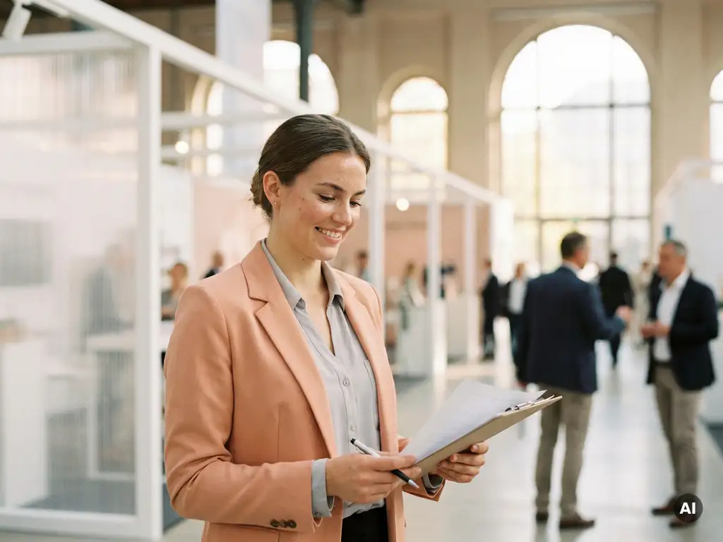 Junge Messehostess im Blazer prüft Klemmbrett in hellem, modernem Messegebäude mit natürlichem Licht.