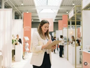 Junge Messehostess im Blazer prüft Klemmbrett an hellem Messestand, Versicherungsmappe unter dem Arm.
