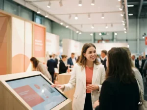 Junge Frau im hellen Blazer erklärt einem Besucher ein interaktives Display an einem modernen Messestand.